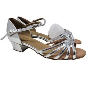 NEW Very Fine 9 Silver Leather Dance Ballroom Shoe Theater Metallic Heel Sandal